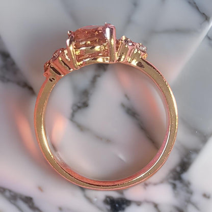 New Rose Gold 7 Cushion Pink Peach Crystal Halo Ring with Side Accents