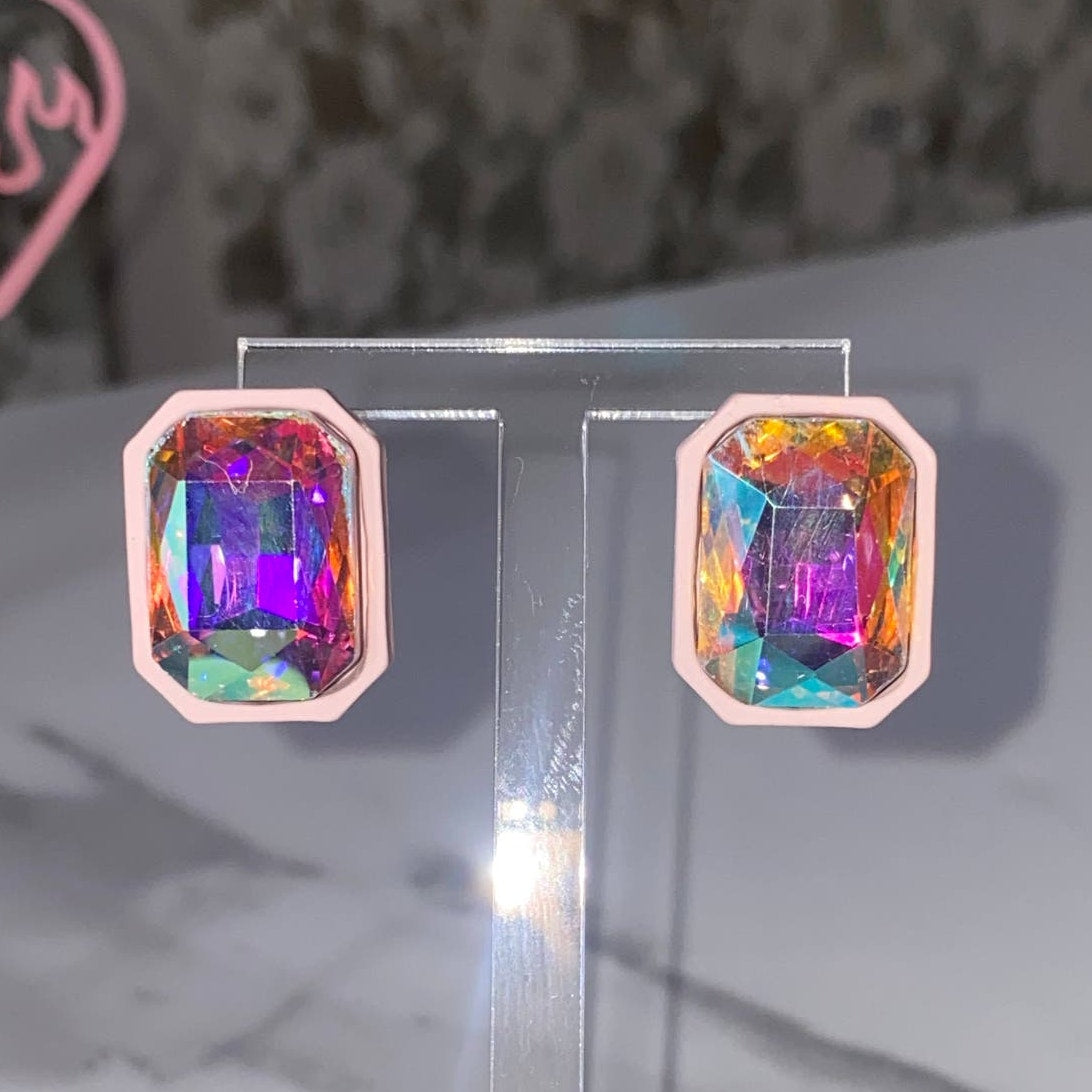 New Pink Rhinestone Iridescent Emerald Cut Scissor Stud Earrings Jewel Rectangle