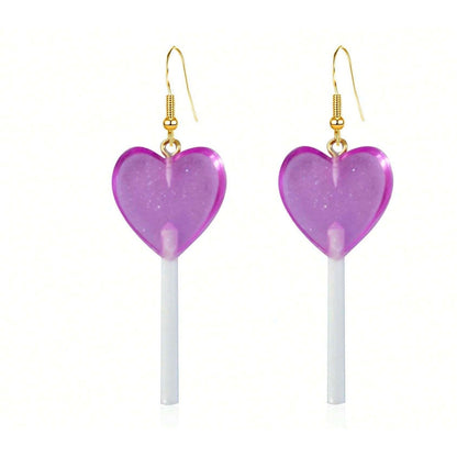 New Purple Heart Translucent Lollipop Sucker Glitter Earrings Long Barbie