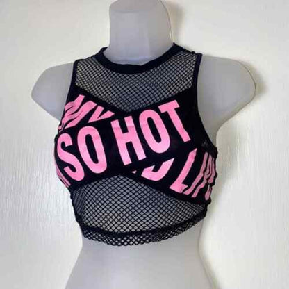 Small Mesh I'm So Hot Pink Tape Crop Top