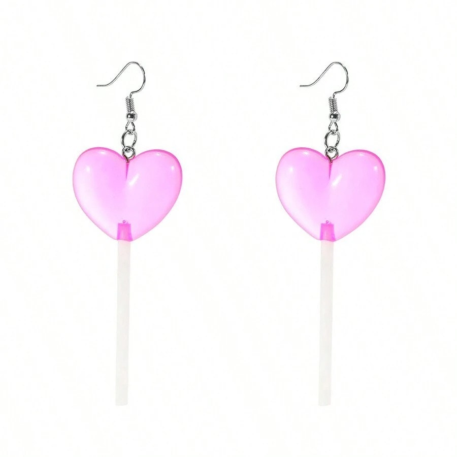 New Hot Pink Heart Lollipop Sucker Barbiecore Dangle Earrings Long Drop Barbie