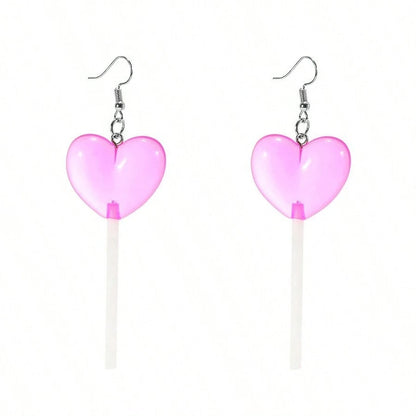 New Hot Pink Heart Lollipop Sucker Barbiecore Dangle Earrings Long Drop Barbie