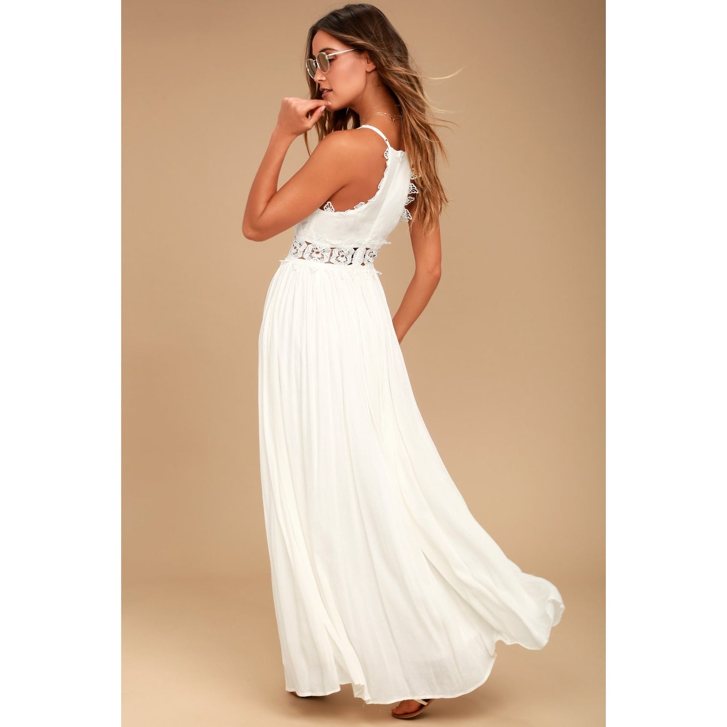 Small Lulu's Ivory White Long Lace Dress Sleeveless Maxi Flowy Wedding