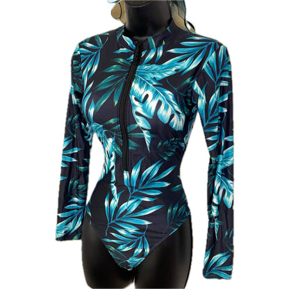 Tropical Leaf Print Long Sleeve Padded Swim Suit