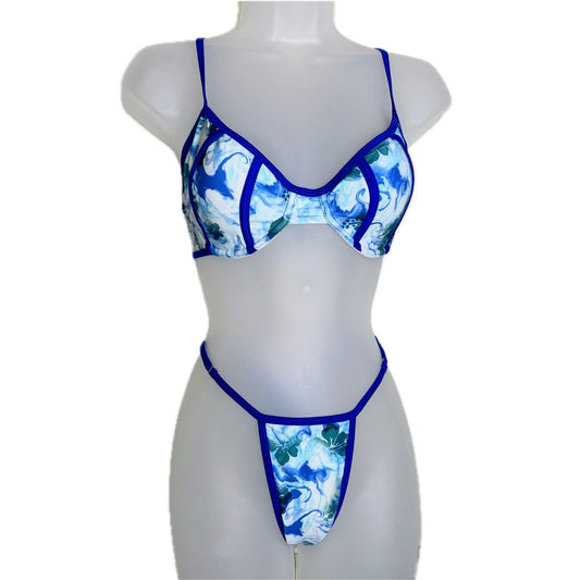 New Medium Blue Floral Adjustable Bikini Swimsuit Set Underwire Balconette Retro