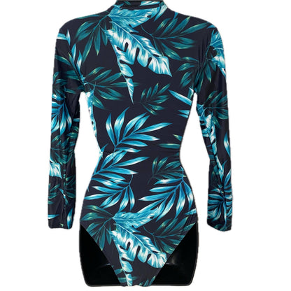 Tropical Leaf Print Long Sleeve Padded Swim Suit