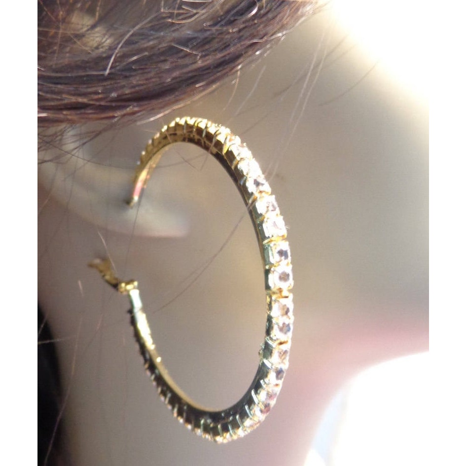 Rhinestone Lined Gold Hoop Earrings