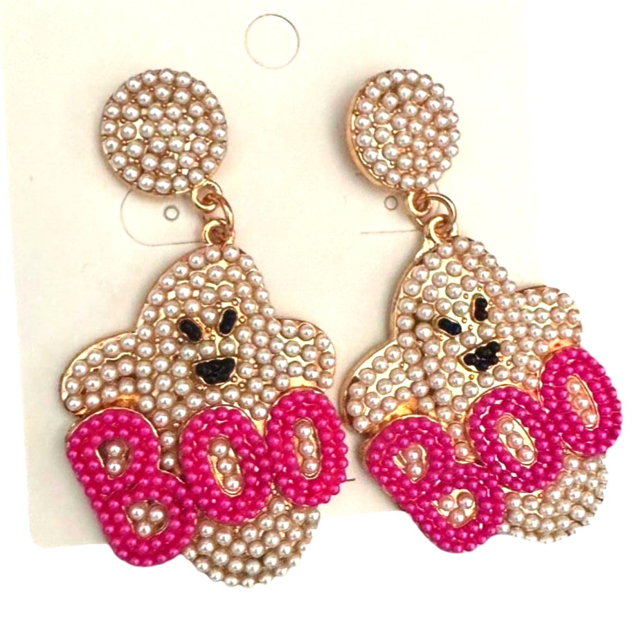 Rhinestone Cute Ghost Earrings Halloween Boo Pink Beaded Dangle Pastel