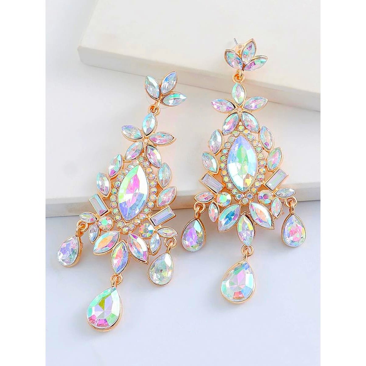 Iridescent Rhinestone Chandelier Drag Earrings