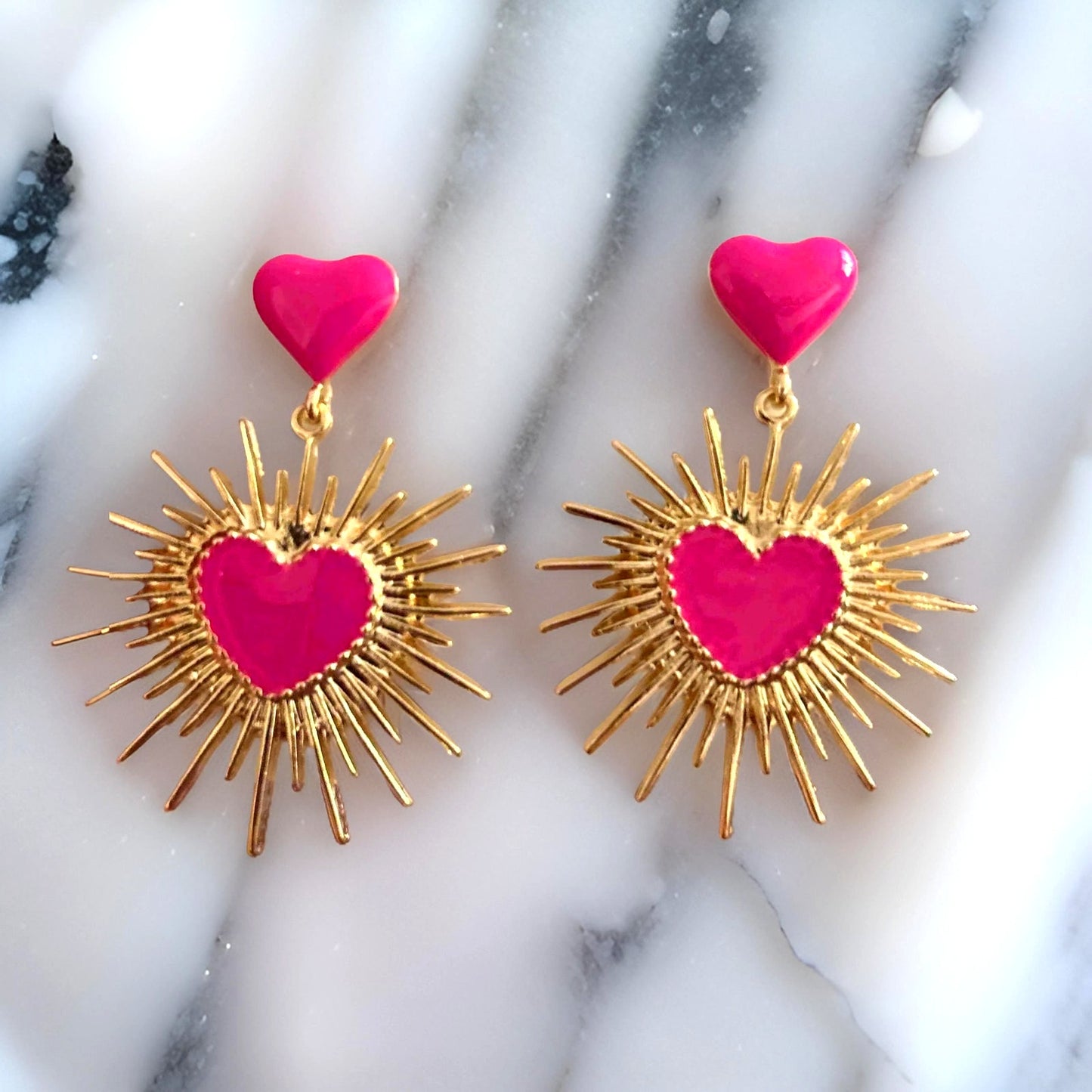 Pink Burst Milagro Corazon Dangle Earrings