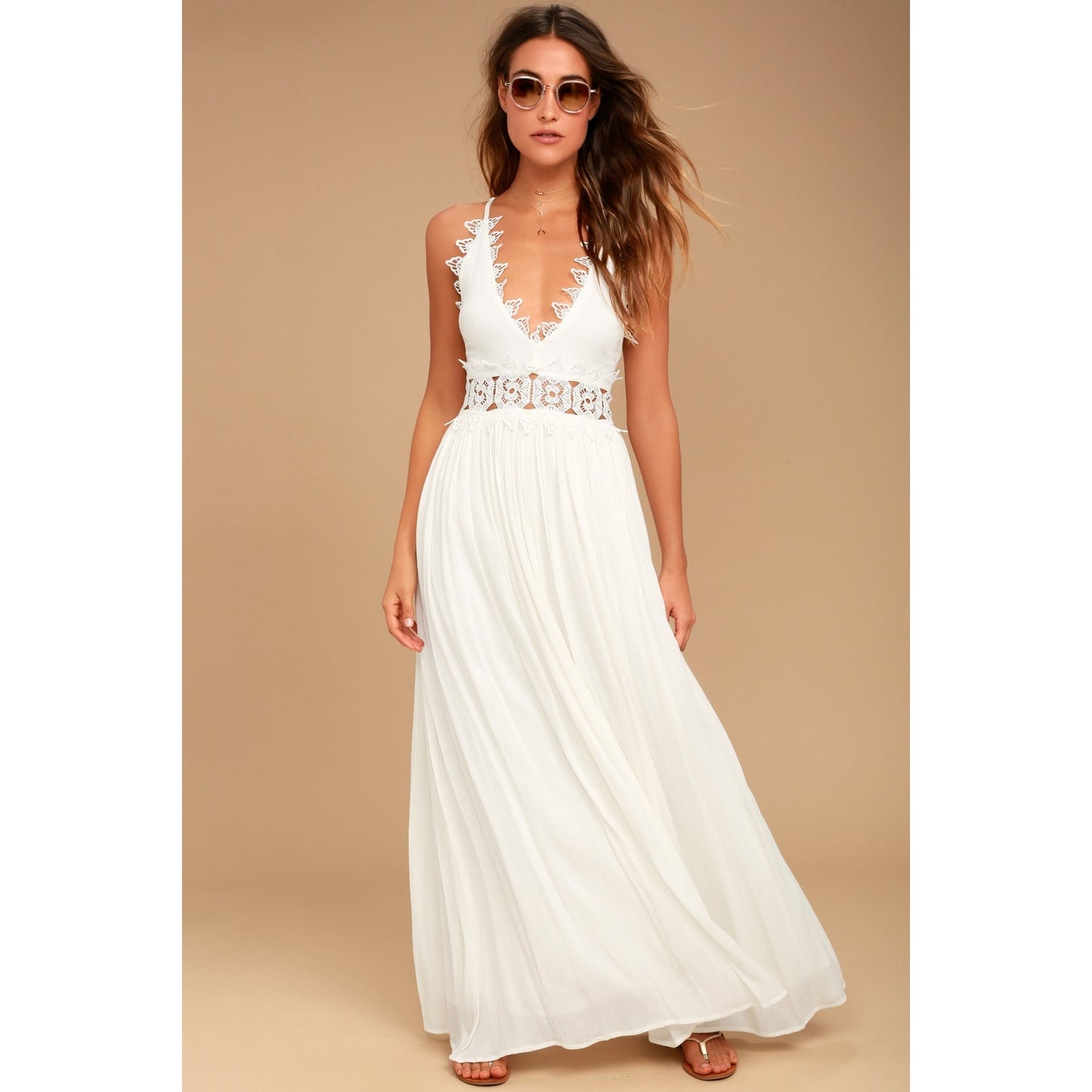 Small Lulu's Ivory White Long Lace Dress Sleeveless Maxi Flowy Wedding