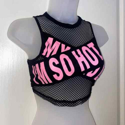 Small Mesh I'm So Hot Pink Tape Crop Top