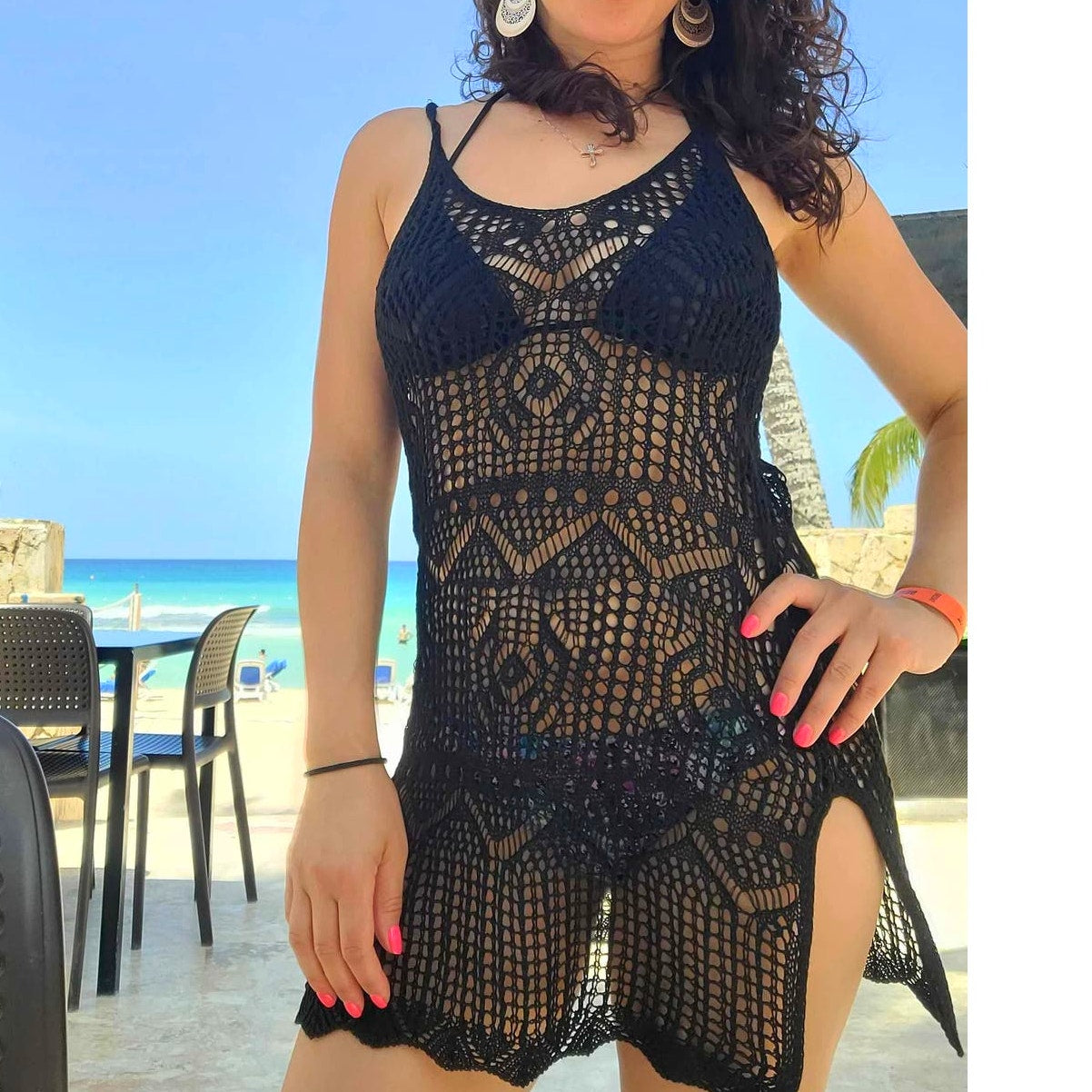 XS Black Knit Crochet Swimsuit Cover Up Mini Dress