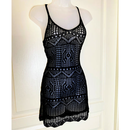 XS Black Knit Crochet Swimsuit Cover Up Mini Dress