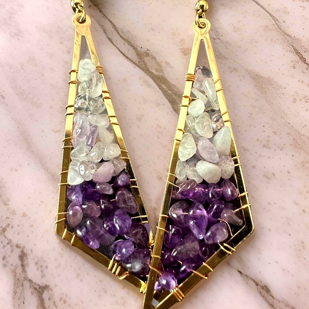 Amethyst Gold Beaded Geometric Earrings