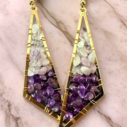 Amethyst Gold Beaded Geometric Earrings