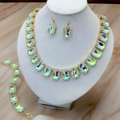 3 Pc Green Crystal Iridescent Jewel Set