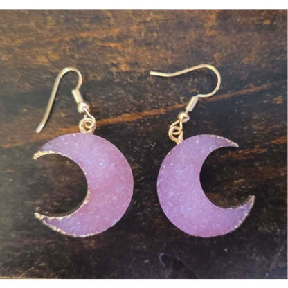 New Moon Geode Amethyst Dangle Earrings Gold Crystal Quartz Stone Druzy Pink