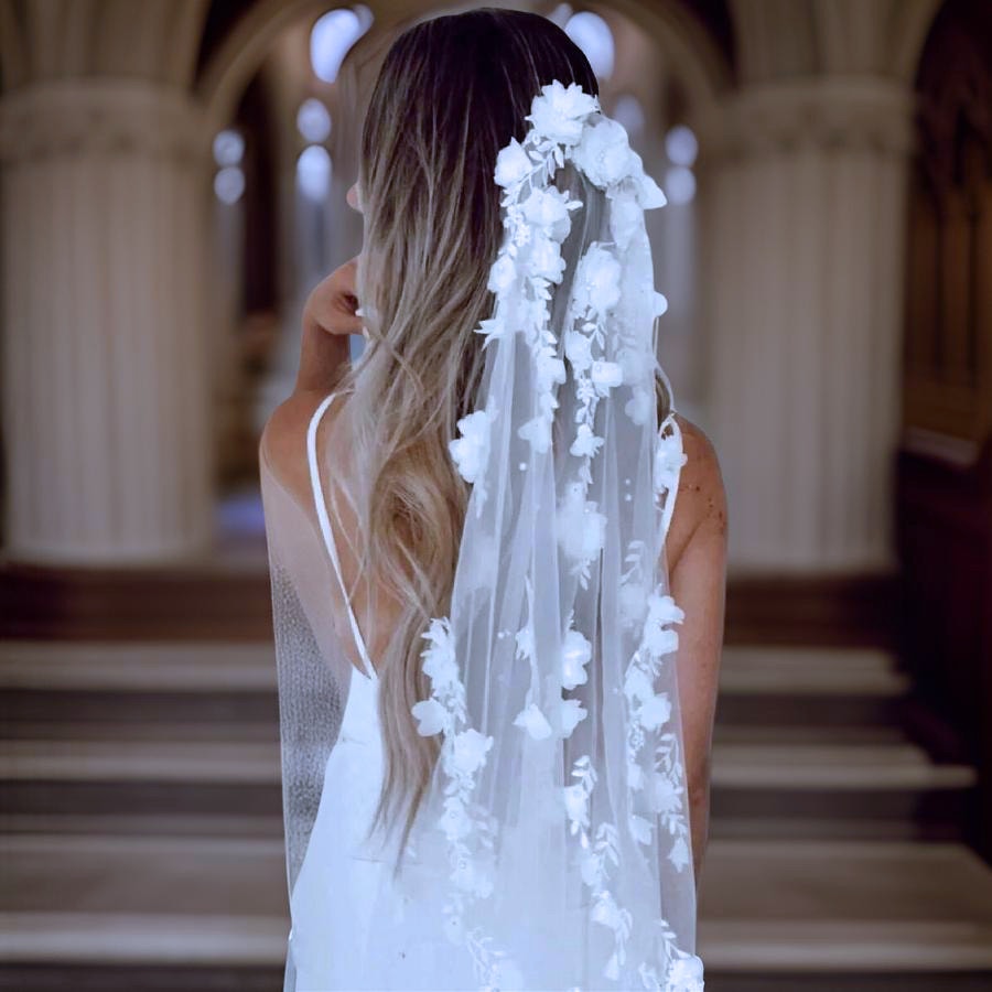 Floral Accent Wedding Veil - White