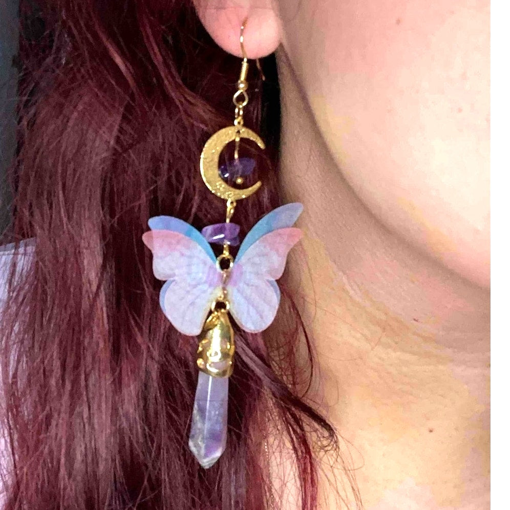 New Crystal Butterfly Gold Amethyst Quartz Druzy Dangle Earrings Stone Moon