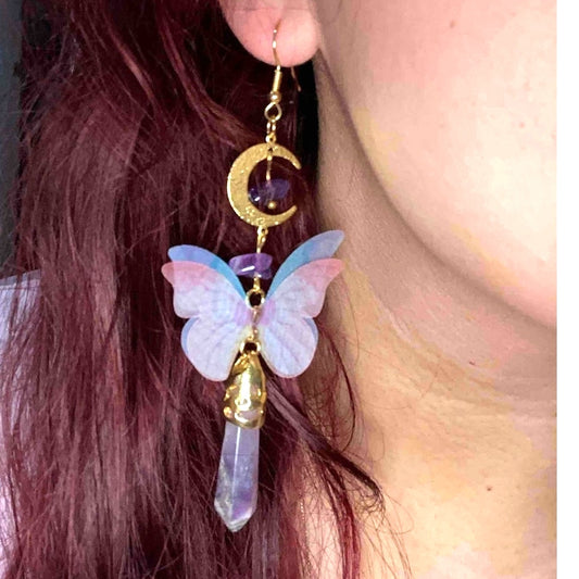 New Crystal Butterfly Gold Amethyst Quartz Druzy Dangle Earrings Stone Moon