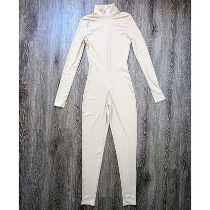 XS Beige Ribbed High Neck Long Sleeve Stretchy Jumpsuit