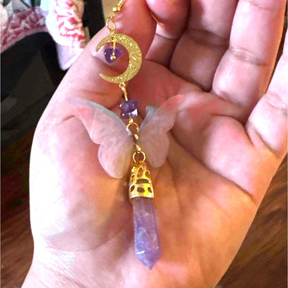 New Crystal Butterfly Gold Amethyst Quartz Druzy Dangle Earrings Stone Moon