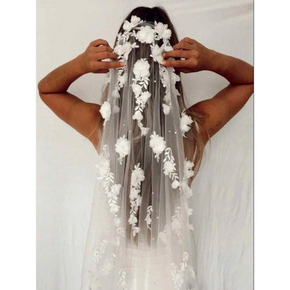 Floral Pearl Lace Ivory Wedding Veil - Ivory