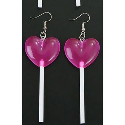 New Hot Pink Heart Lollipop Sucker Barbiecore Dangle Earrings Long Drop Barbie