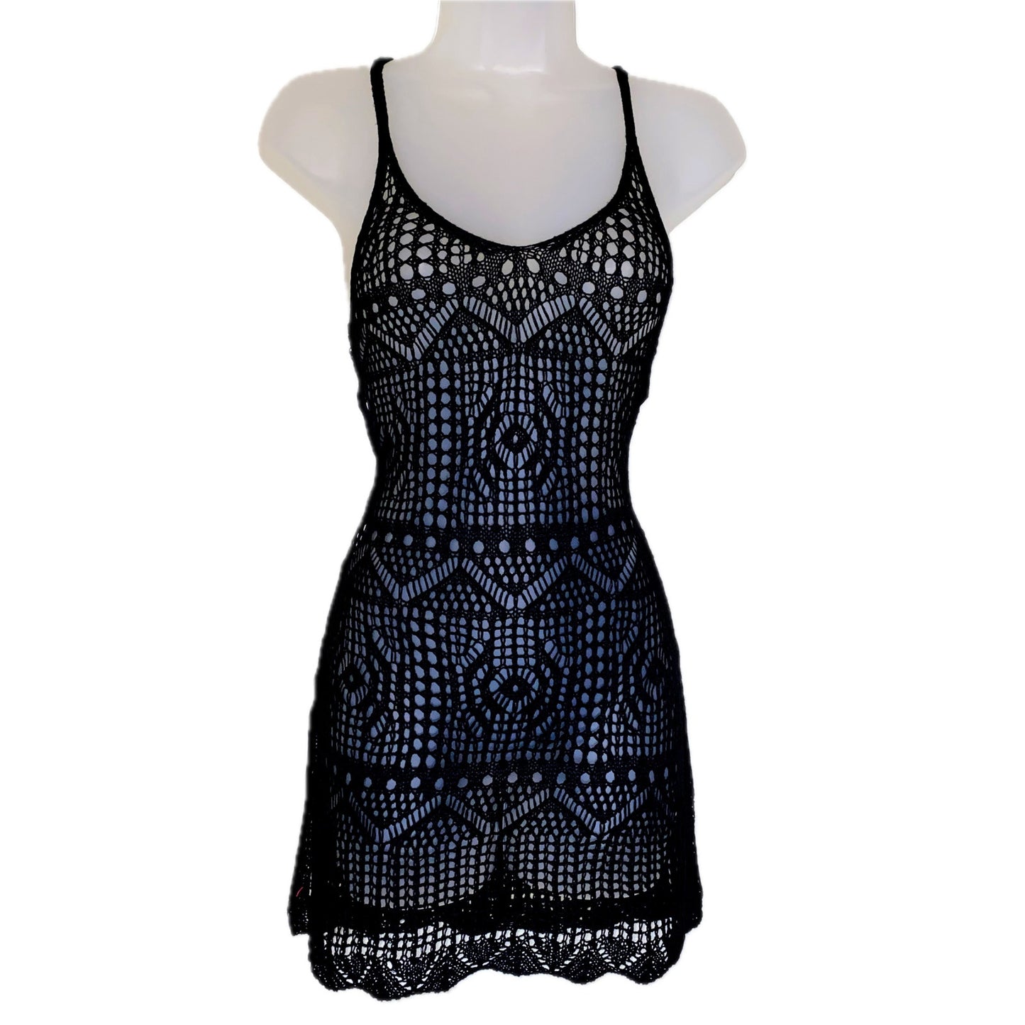 XS Black Knit Crochet Swimsuit Cover Up Mini Dress