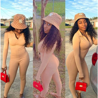 XS Beige Ribbed High Neck Long Sleeve Stretchy Jumpsuit