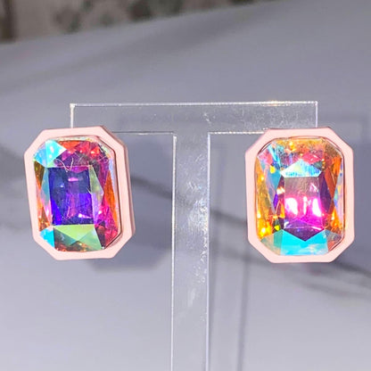 New Pink Rhinestone Iridescent Emerald Cut Scissor Stud Earrings Jewel Rectangle