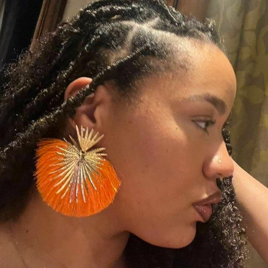 Orange Gold Fringe Fan Statement Earrings