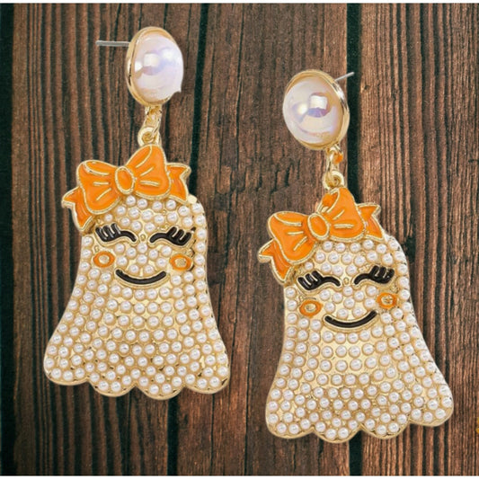 Boo with a Bow Rhinestone Earrings