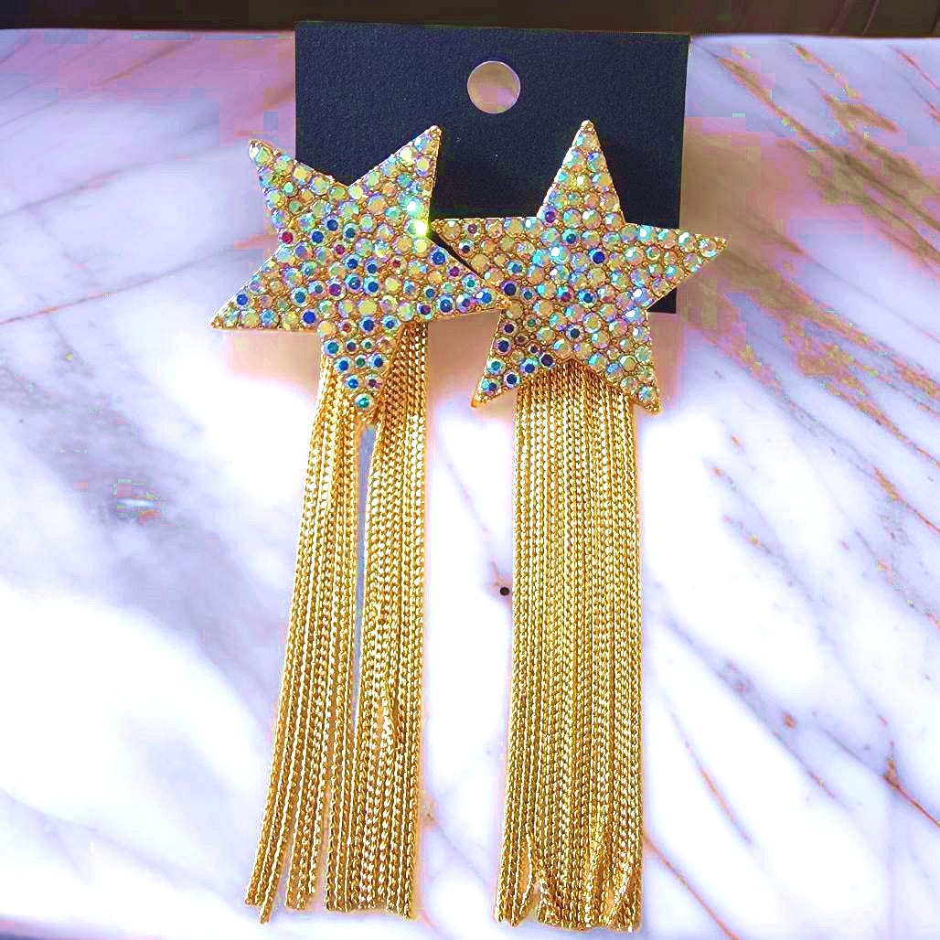 Iridescent Cowboy Rhinestone Star Tassle Earrings