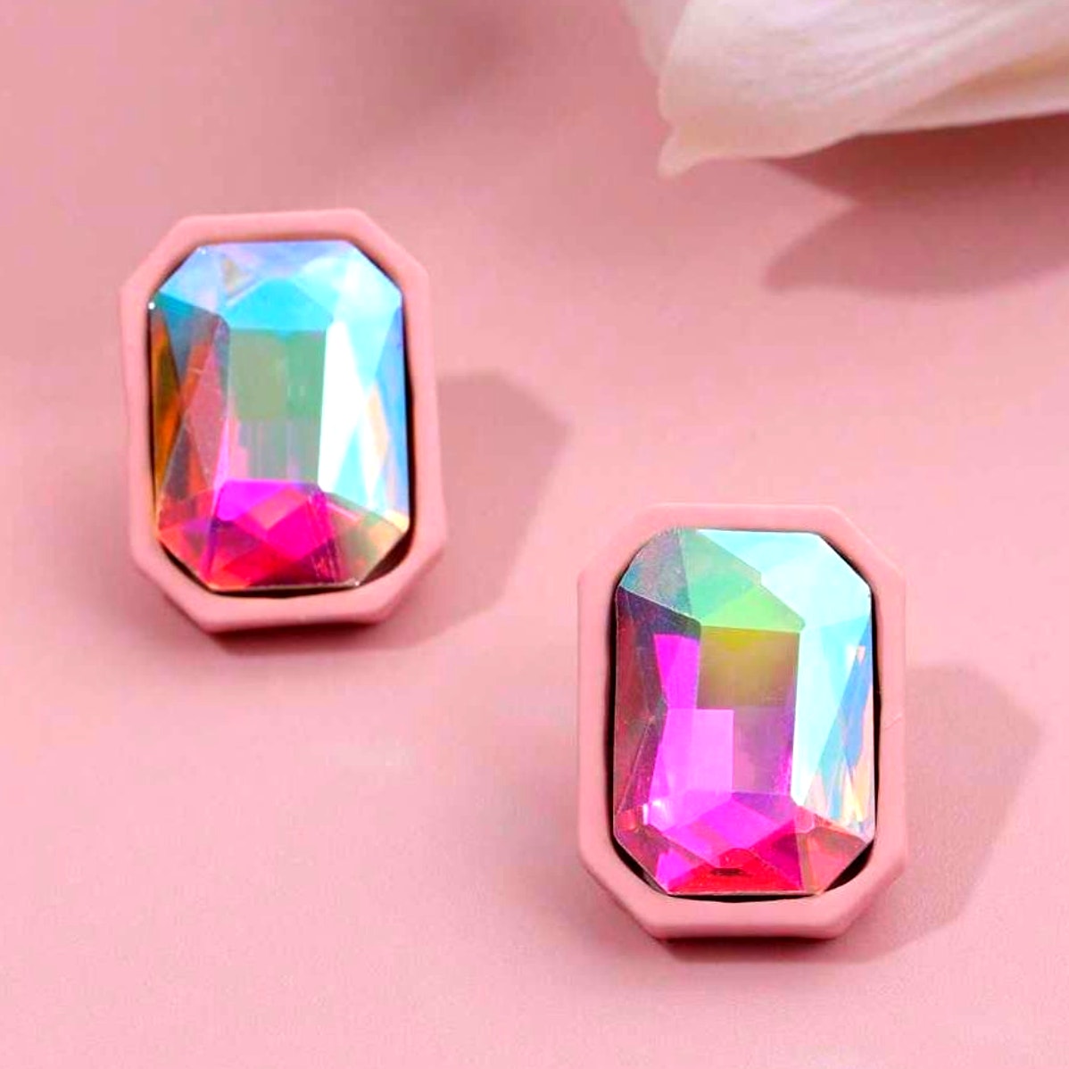 New Pink Rhinestone Iridescent Emerald Cut Scissor Stud Earrings Jewel Rectangle