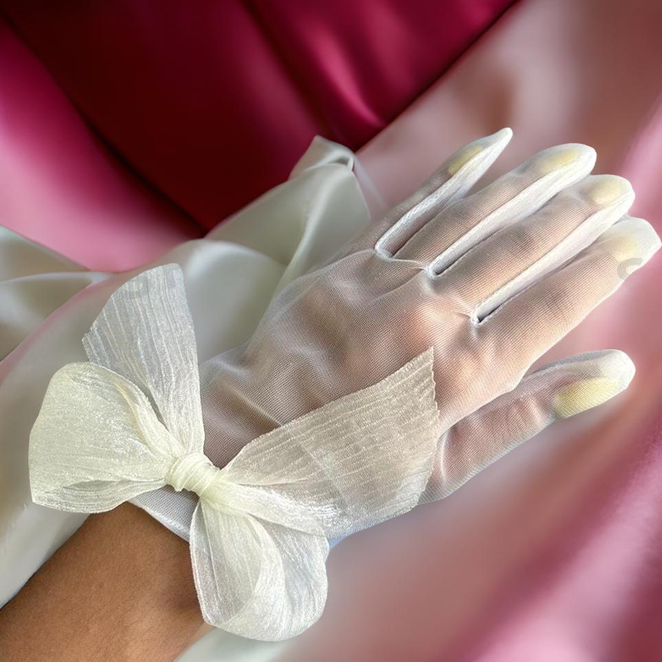 Ivory Retro Mesh Bridal Gloves with Bows