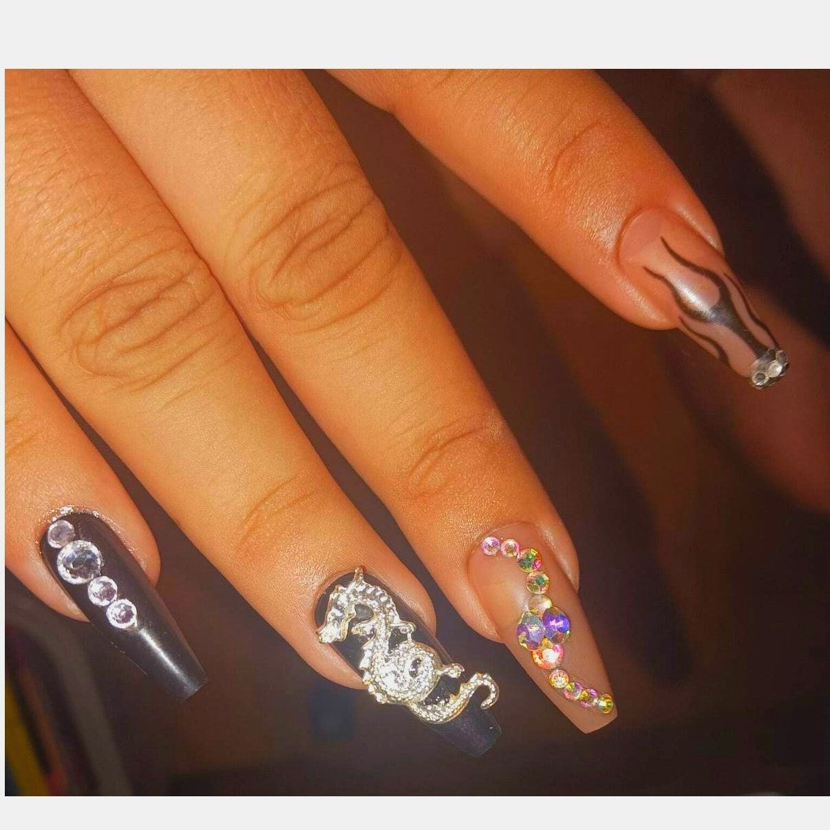 Long Coffin Flame Rhinestone Nails