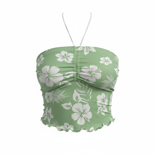 Small Green Hibiscus Ruched Halter Neck Sweetheart Crop Top