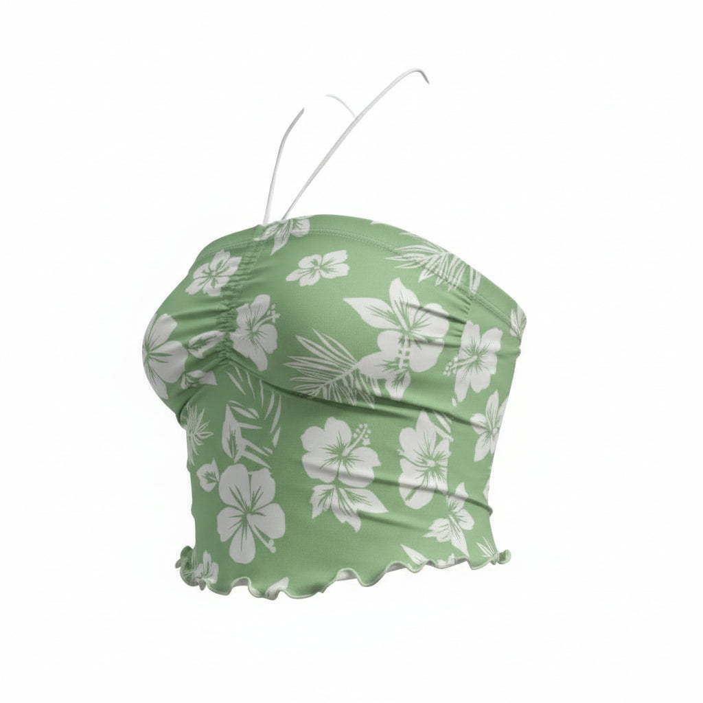 Small Green Hibiscus Ruched Halter Neck Sweetheart Crop Top