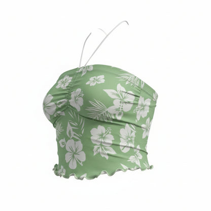 Small Green Hibiscus Ruched Halter Neck Sweetheart Crop Top