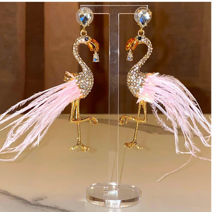 Plume Sparkle Feather Rhinestone Flamingo Earrings