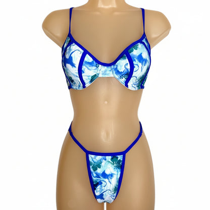 Blue Floral Adjustable Bikini Swimsuit Set
