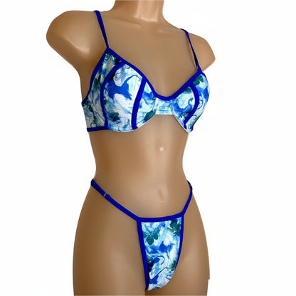 Blue Floral Adjustable Bikini Swimsuit Set