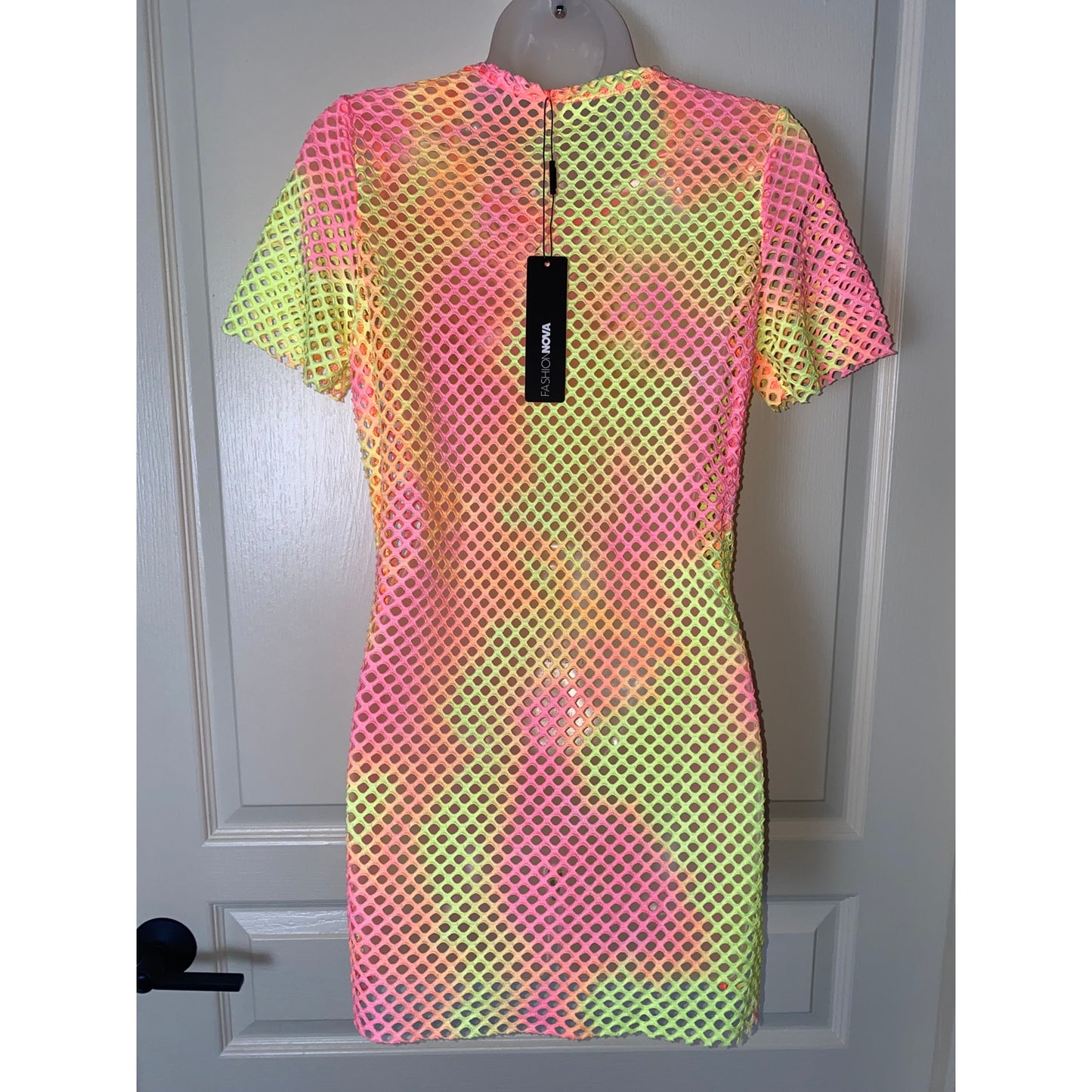 Neon Yellow Pink Fishnet Mesh Beach Dress Coverup Swim Suit