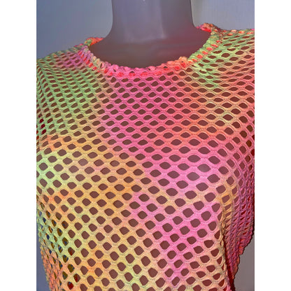 Neon Yellow Pink Fishnet Mesh Beach Dress Coverup Swim Suit