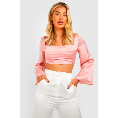 Pink 10 Large Silk Satin Long Sleeve Square Neck Cowl Crop Top