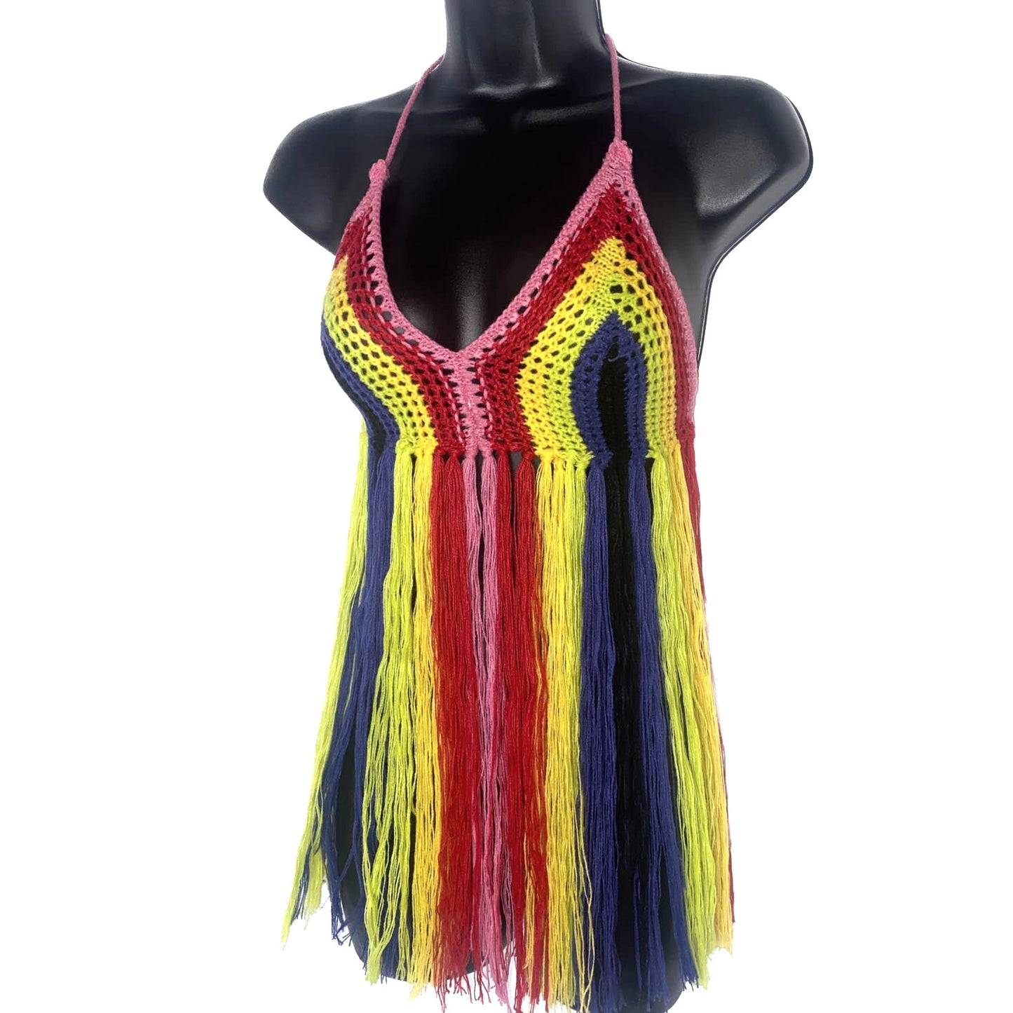 Rainbow Small Knit Crochet Fringe Backless Halter Top Blouse