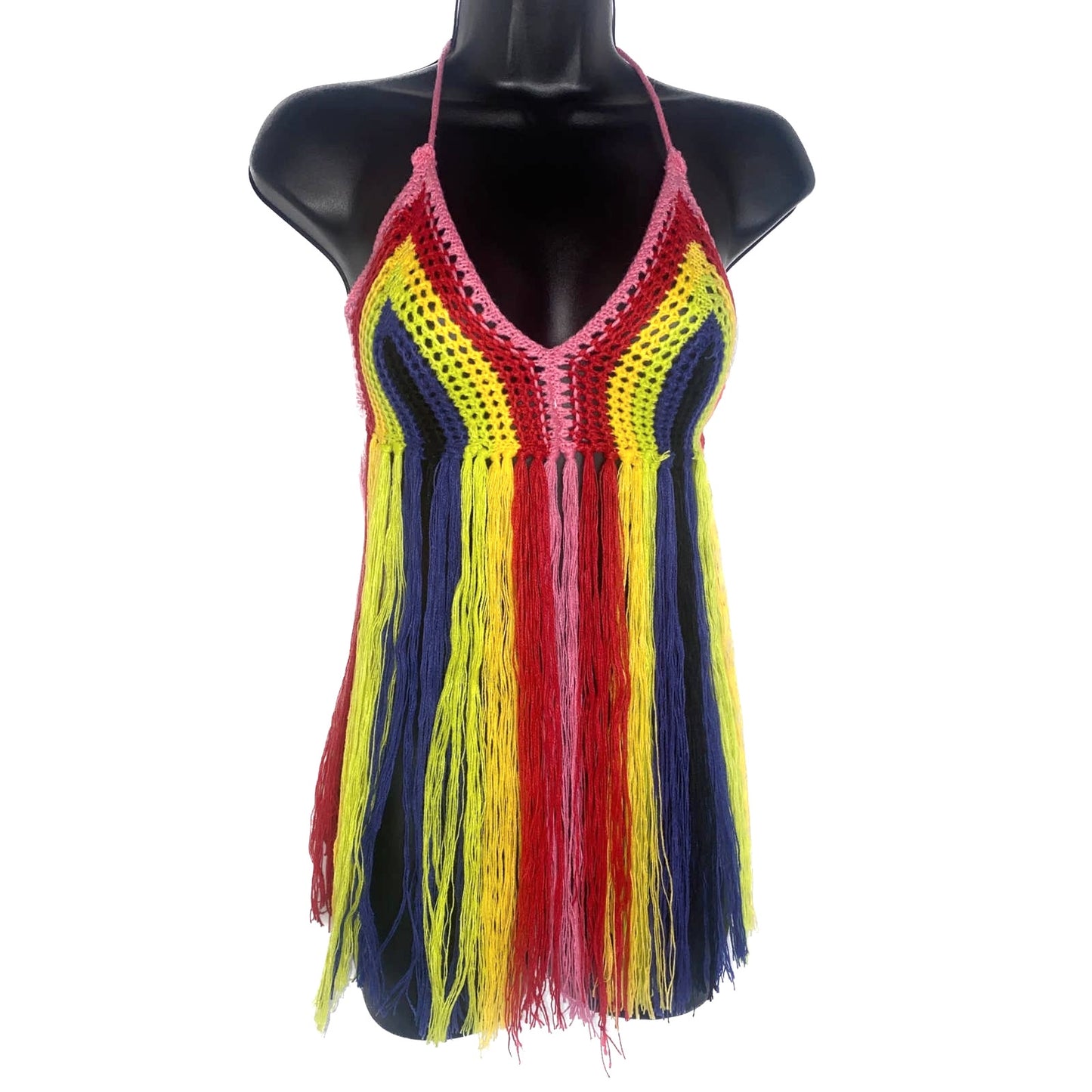 Rainbow Small Knit Crochet Fringe Backless Halter Top Blouse