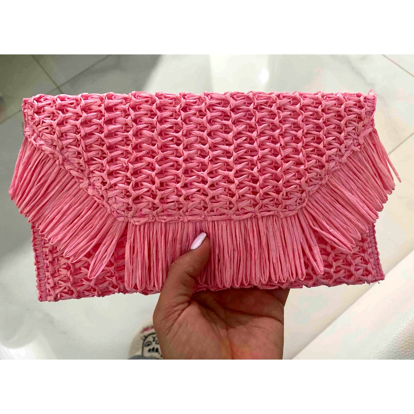 Pink Straw Fringe Square Clutch Bag